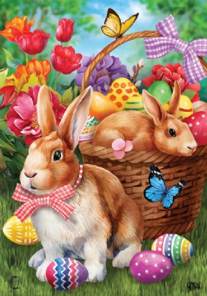 Bunnies And Basket Easter Garden Flag