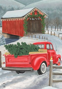 Christmas - Festive Covered Bridge House Flag